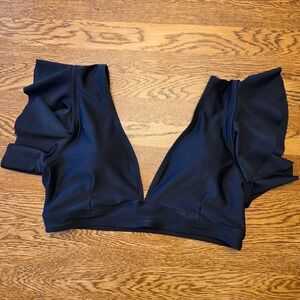 Black Ruffle Sleeve Deep V-Neck Bikini Swim Top Womens Beach Pool Resort No Tag